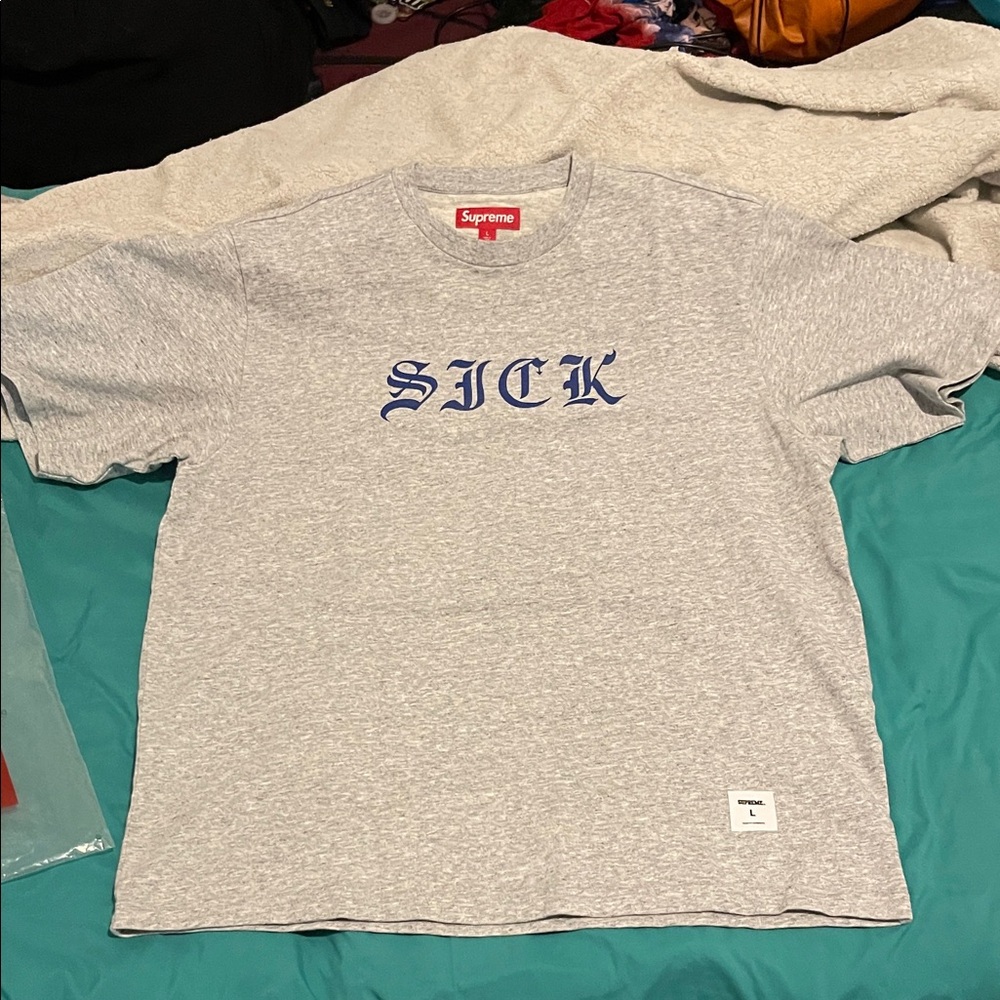 Supreme Gray Tee with Blue Graphic